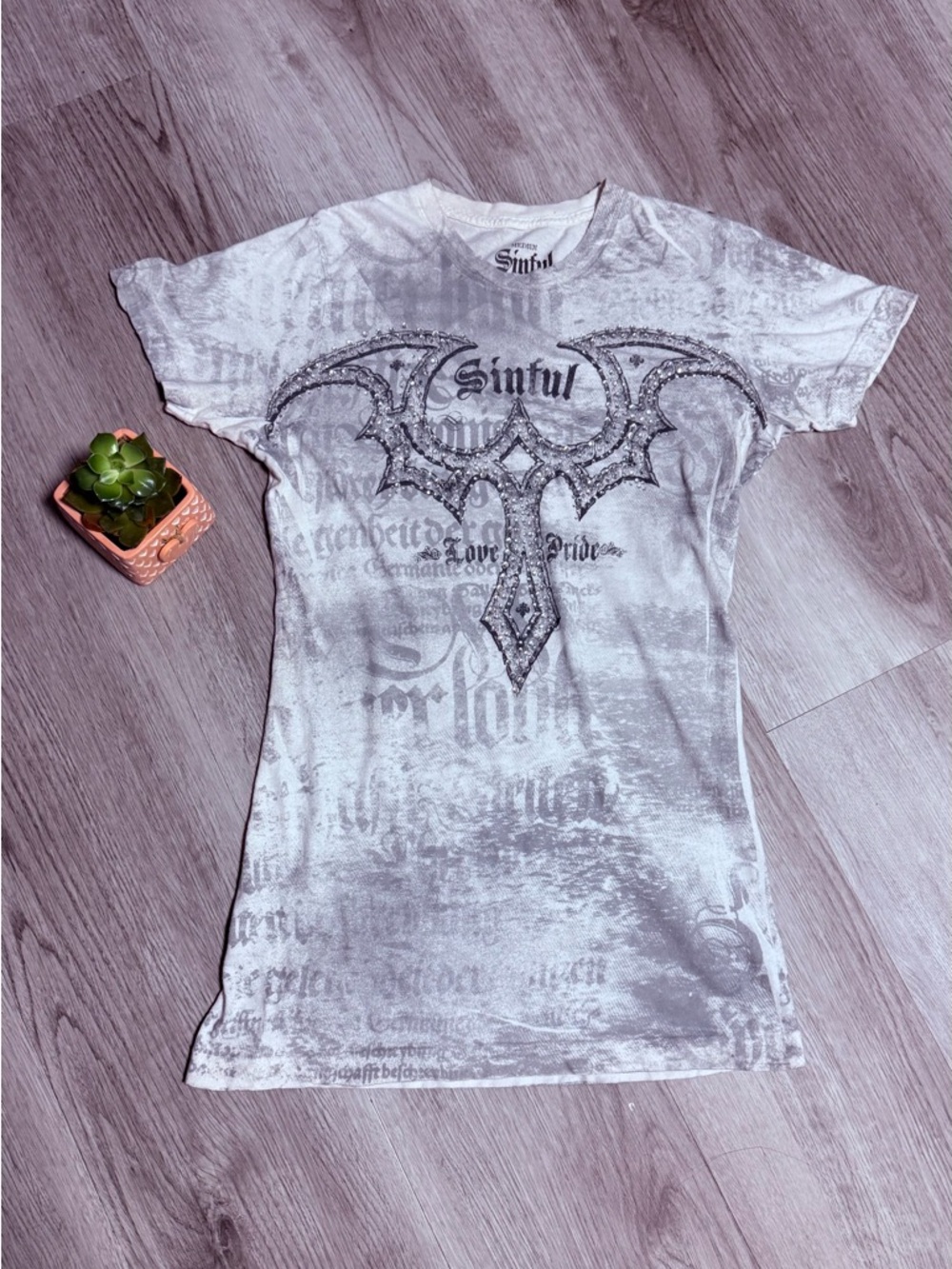 Vintage Sinful Silver-Gray Jeweled Cross Graphic Tee Y2K Rare